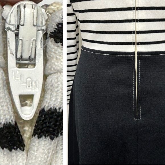 VINTAGE 60s 70s Mod Groovy Black White Polyester Striped Fit & Flare Dress 6 8 S - Picture 13 of 14